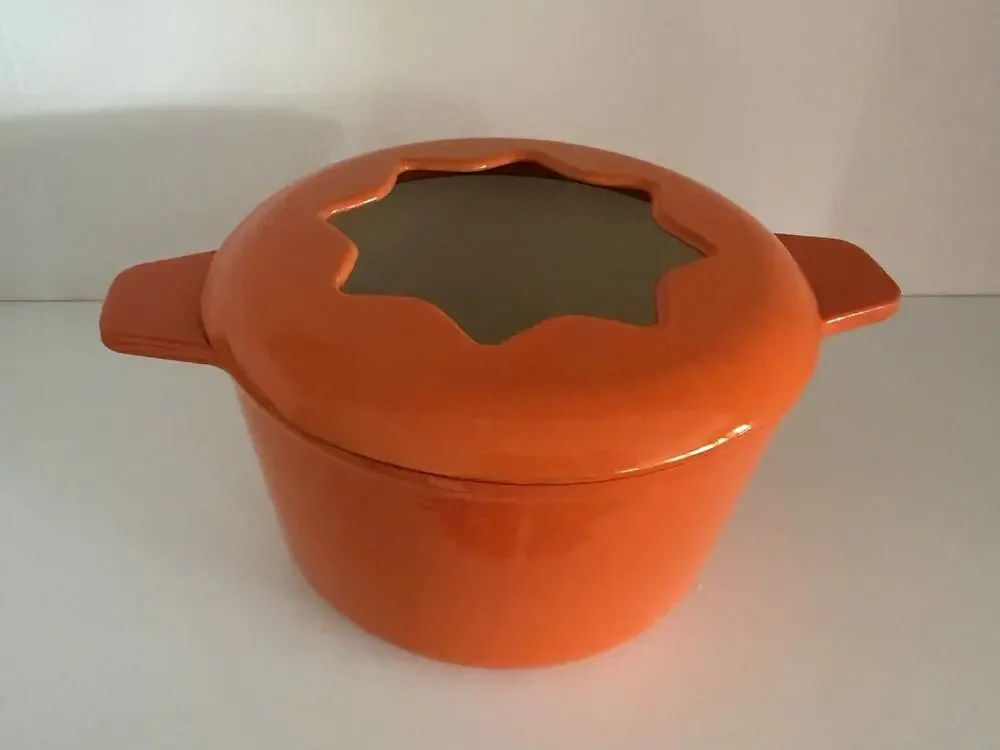 Vintage Orange Enameled Cast Iron Fondue Pot Star Shaped Open Lid Retro MCM